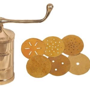 Whizzo Brass Sev Sancha 600 g Diamond | Traditional Manual Namkeen Maker with Crank Handle & 6 Interchangeable Jali Discs | Sev, Gathiya, Chakli & Farsan Press | Polished Golden Brass Finish
