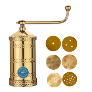 Whizzo Brass Sev Sancha 700 g Diamond | Traditional Manual Namkeen Maker with Long Crank Handle & 6 Interchangeable Jali Discs | Sev, Gathiya, Chakli & Farsan Press | Polished Golden Brass Finish