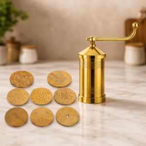 Whizzo Brass Sev Sancha 800 g Classic | Traditional Manual Namkeen Maker with Long Crank Handle & Multiple Interchangeable Jali Discs | Sev, Gathiya, Chakli & Farsan Press | Polished Golden Brass Finish