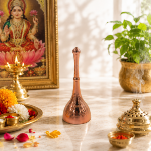 Whizzo Brass Pooja Bell Deluxe Big | Large Hand Bell with Long Decorative Handle | Traditional Puja Ghanti for Home Mandir, Aarti, Temple & Prayer | Polished Choco Copper Finish