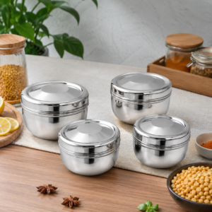 Whizzo Classic Apple Dabba Set of 4 | Stainless Steel Storage Containers with Lids | Round Multipurpose Kitchen Dabba for Snacks, Dry Fruits, Spices, Mukhwas & Storage | Silver Finish