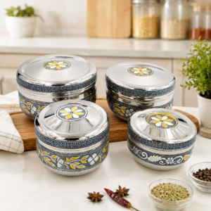 Whizzo Handicraft Apple Dabba | Stainless Steel Decorative Storage Container with Lid | Floral Design Kitchen Dabba for Dry Fruits, Snacks, Spices, Mukhwas & Sweets | Silver Finish