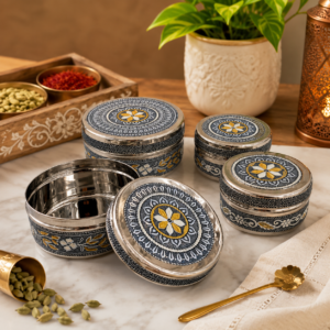 Whizzo Handicraft Flat Puri Dabba | Stainless Steel Decorative Food Storage Container with Lid | Mandala Floral Design Dabba for Puri, Snacks, Sweets, Dry Fruits & Namkeen | Silver Black Gold Finish