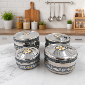 Whizzo Handicraft Rainbow Dabba | Stainless Steel Decorative Storage Container with Lid | Floral Design Kitchen Dabba for Dry Fruits, Snacks, Sweets, Mukhwas & Spices | Silver Black Gold Finish
