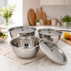 Whizzo Stainless Steel Serving Bowl Set of 3 with Lids | Classic Multipurpose Serving Bowls for Curry, Dal, Rice, Sabzi & Snacks | Reusable Kitchen & Dining Bowl Set | Silver Finish
