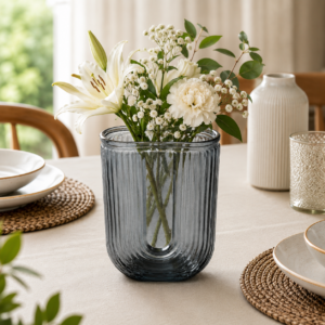 Whizzo Smoky Grey Glass Flower Vase | Ribbed Textured Decorative Vase for Fresh & Artificial Flowers | Modern Tabletop Vase for Living Room, Bedroom, Dining Table & Office Décor | Model JD-GL-FV-2002