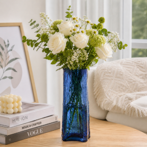 Whizzo Blue Glass Flower Vase | Tall Textured Decorative Vase for Fresh & Artificial Flowers | Modern Tabletop Vase for Living Room, Bedroom, Office & Home Décor | Model WZ-GL-FV-2005-Blue&Clier
