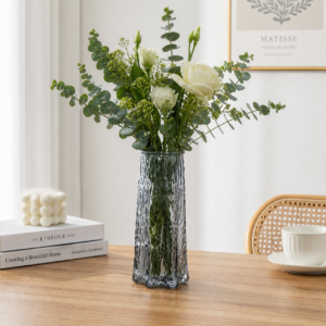 Whizzo Blue Glass Flower Vase | Tall Textured Decorative Vase for Fresh & Artificial Flowers | Modern Tabletop Vase for Living Room, Bedroom, Office & Home Décor | Model WZ-GL-FV-2005-Blue&Clier