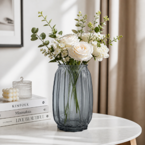 Whizzo Smoky Grey Glass Flower Vase | Tall Ribbed Textured Decorative Vase for Fresh & Artificial Flowers | Modern Tabletop Vase for Living Room, Bedroom, Dining Table & Office | Model JD-GL-FV-2008