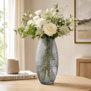 Whizzo Green Glass Flower Vase | Tall Textured Decorative Vase for Fresh & Artificial Flowers | Modern Tabletop Vase for Living Room, Bedroom, Dining Table & Office Décor | Model JD-GL-FV-2010-Green&Grey