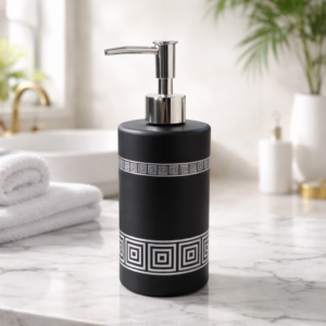 Whizzo Ceramic Liquid Soap Dispenser with Silver Pump | Black&White Geometric Pattern Hand Wash Bottle | Refillable Soap Dispenser for Bathroom, Kitchen, Wash Basin & Vanity