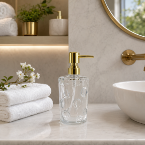 Whizzo Glass Liquid Soap Dispenser with Gold Pump | Transparent Decorative Refillable Hand Wash & Lotion Dispenser | Elegant Bathroom & Kitchen Countertop Soap Bottle