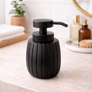 Whizzo Black Ceramic Liquid Soap Dispenser with Black Pump | Ribbed Design Refillable Hand Wash & Lotion Dispenser | Modern Bathroom & Kitchen Countertop Soap Bottle