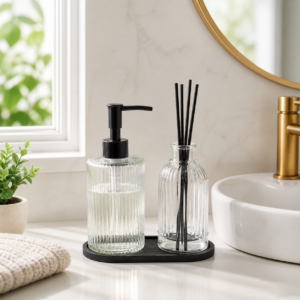 Whizzo Glass Liquid Soap Dispenser Combo Set with Reed Diffuser Bottle & Tray | Ribbed Transparent Glass Hand Wash Dispenser with Black Pump | Bathroom & Kitchen Countertop Organizer Set