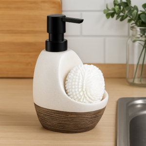 Whizzo Ceramic Liquid Soap Dispenser with Cleaning Brush Holder | White & Brown Textured Design with Black Pump | Refillable Hand Wash Dispenser for Kitchen Sink & Bathroom Countertop