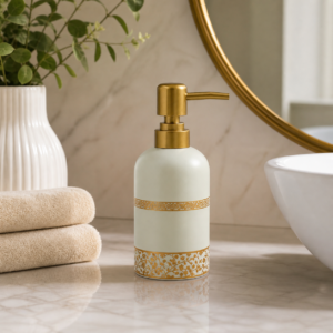 Whizzo Ceramic Liquid Soap Dispenser with Gold Pump | Refillable Hand Wash, Lotion & Soap Dispenser for Bathroom, Kitchen & Wash Basin