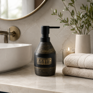 Whizzo Ceramic Liquid Soap Dispenser with Black Pump | Bl & Antique Gold Textured Design | Refillable Hand Wash, Lotion & Soap Dispenser for Bathroom, Kitchen & Wash Basin