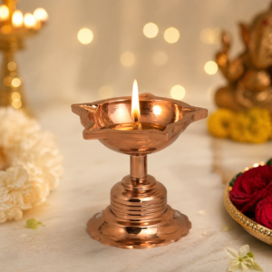 Whizzo Brass Rajwadi Diya for Pooja | Traditional Pedestal Oil Lamp with Decorative Floral Bowl | Brass Deepak for Home Mandir, Aarti, Temple, Diwali & Prayer | Polished Choco Copper Finish