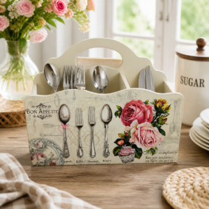 Whizzo Wooden Cutlery Stand with Handle | Multi-Compartment Spoon, Fork & Knife Organizer | Vintage Floral Printed Cutlery Holder for Dining Table, Kitchen & Restaurant | Design 1