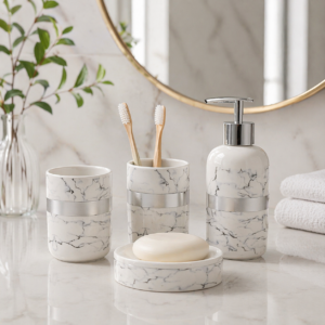 Whizzo 4-Piece Ceramic Bathroom Accessories Set | White Marble Design with Silver Accent | Soap Dispenser, Toothbrush Holder, Tumbler & Soap Dish | Bathroom Countertop Set