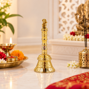 Whizzo Brass Pooja Bell with Hanuman Statue | 150 g Traditional Hand Bell for Home Mandir, Aarti, Temple & Prayer | Long Decorative Handle | Polished Golden Finish