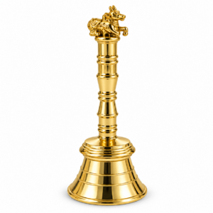 Whizzo Brass Pooja Bell with Nandi Statue | 150 g Traditional Hand Bell for Home Mandir, Aarti, Temple & Prayer | Long Decorative Handle | Polished Golden Brass Finish