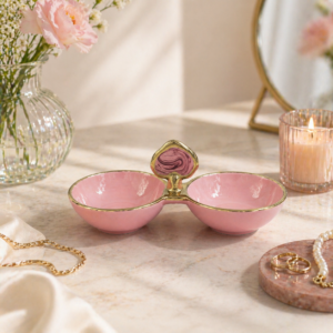 Whizzo White Double Condiment Serving Dish with Gold Rim | 2-Section Snack & Dry Fruit Bowl with Decorative Handle | Serving Bowl for Nuts, Olives, Chutney, Dips & Snacks