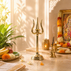 Whizzo Big Gold Trishul with Stand | Decorative Trident for Home Temple, Pooja Mandir & Spiritual Décor | Traditional Hindu Religious Showpiece for Worship, Festive Decoration & Gifting
