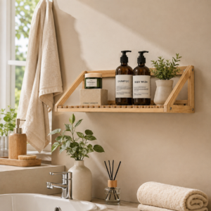 Whizzo Bamboo Wall Shelf | Wall Mounted Wooden Storage Rack for Bathroom, Kitchen & Home | Natural Bamboo Organizer Shelf for Toiletries, Shampoo, Plants & Décor